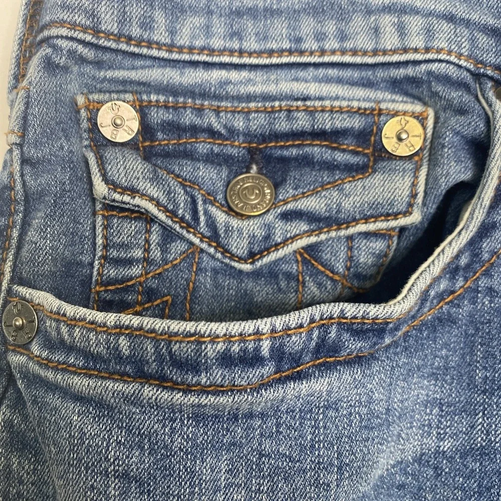 True Religion Ricky Relaxed Straight Denim Shorts Blue Wash Raw Hem Mens Size 34